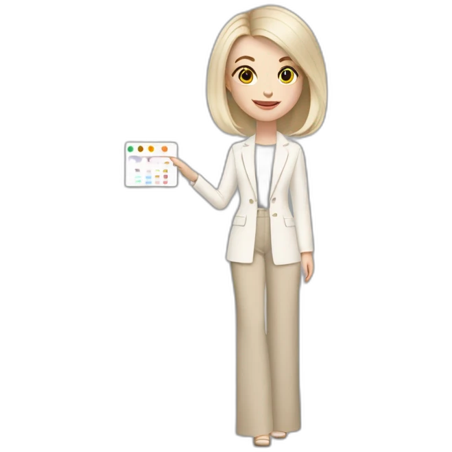 pale skin woman with ash blonde Straightened bob Hair, White Spacious classical jacket, beige palazzo Arrow pants and gray blouse holding a color palette in the hands emoji