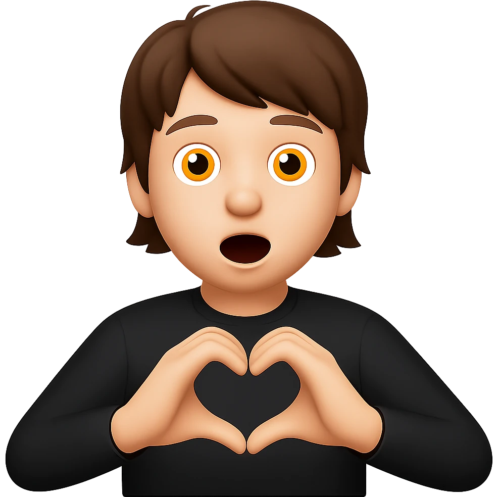 Edit the apple style emoji of a boy with brown hair to have longer hair and his hands forming a heart shape. Keep the boy wearing a black shirt, with wide open eyes and mouth, front view, and no background. Maintain the apple emoji style look. emoji