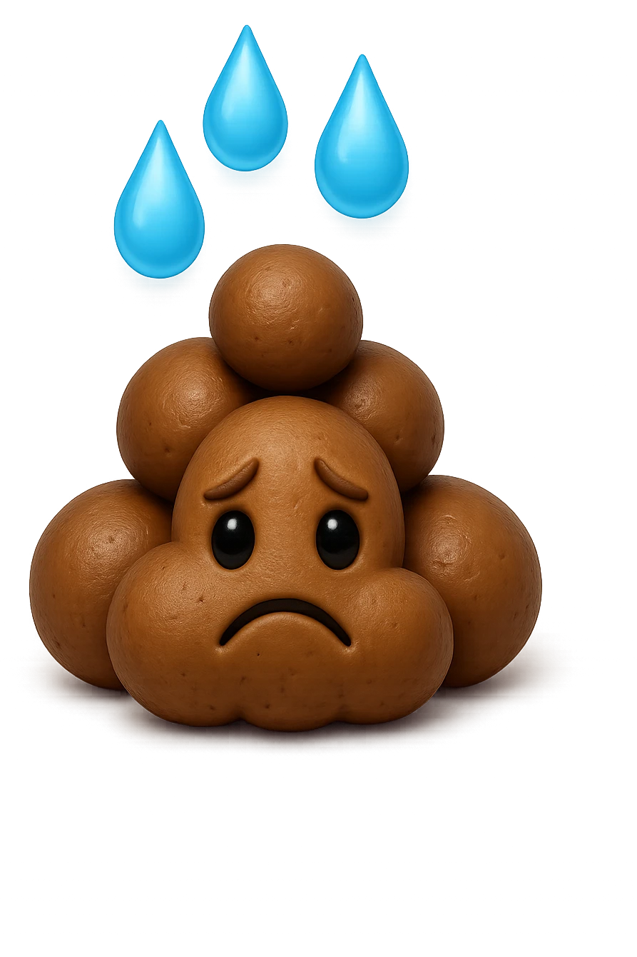 emoji stile iphone di una montagnetta di feci umane realistiche a palline tristi con sopra un simbolo delle gocce di acqua, iperrealistico 4k emoji