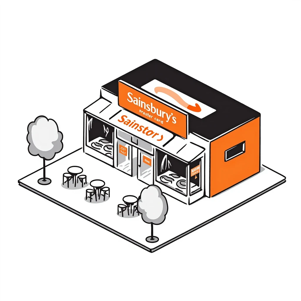 Isometric Sainsbury's supermarket with orange branding, Nectar card logo visible, shopping trolley collection points, and cafe area with outdoor seating emoji
