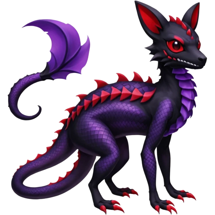 Gothic Black red purple Scaley Exotic Salandit-Umbreon-Noibat-Fakémon-hybrid-creature (full body), 4 legs, skull face mask emoji