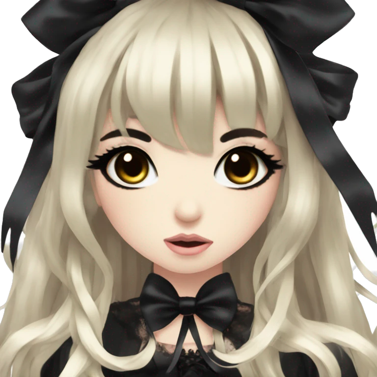 hime gyaru girl, goth, bows, dark makeup, dark black hair emoji
