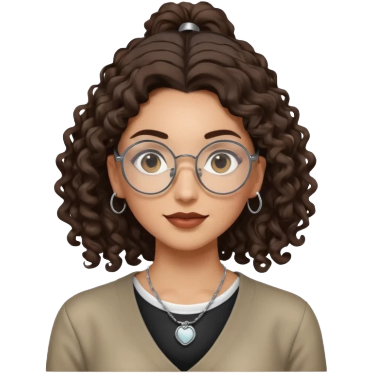 chica morena de ojos claros con gafas exagonales redondeadas. y pelo rizado castaño con todo el pelo recogido en una coleta . y un collar de plata emoji