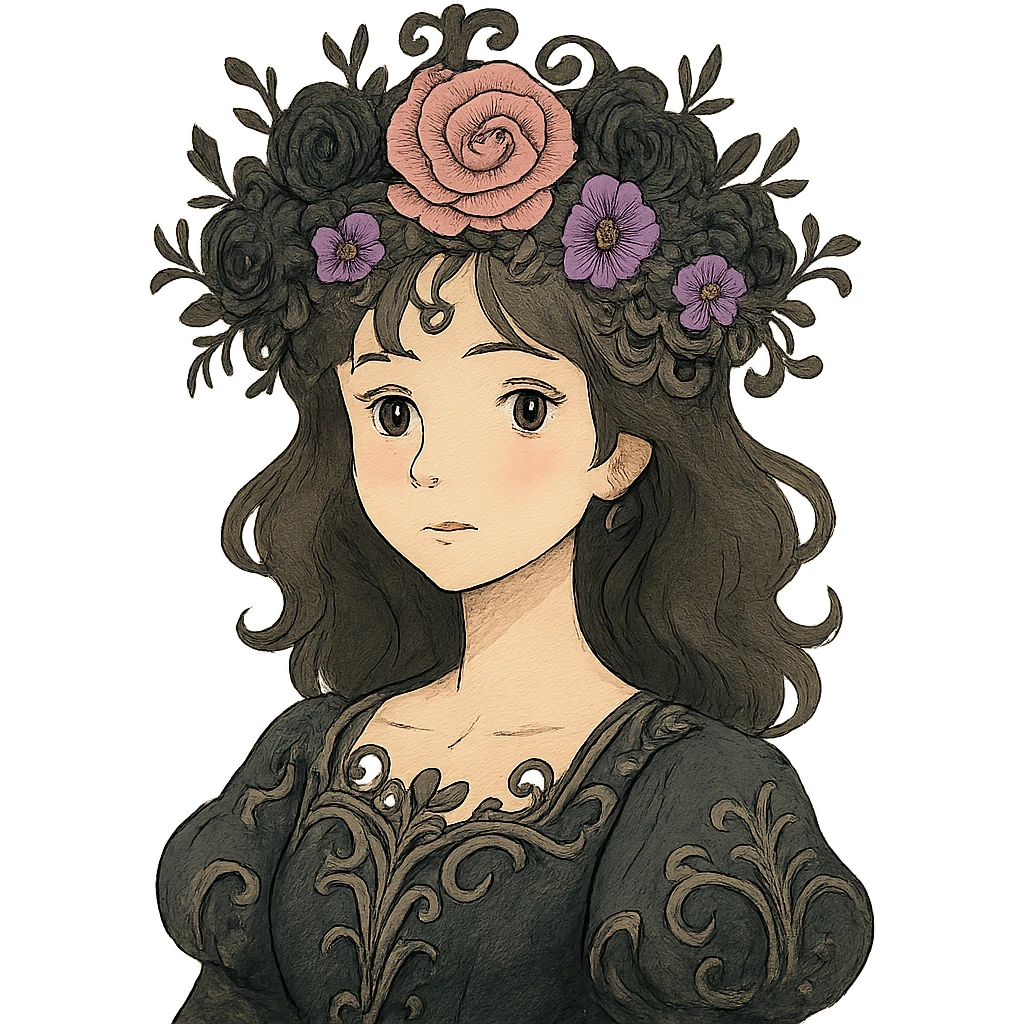 gothic flower crown, mix of black, pink, and purple flowers, ornate details, elegant, whimsical, soft lighting emoji