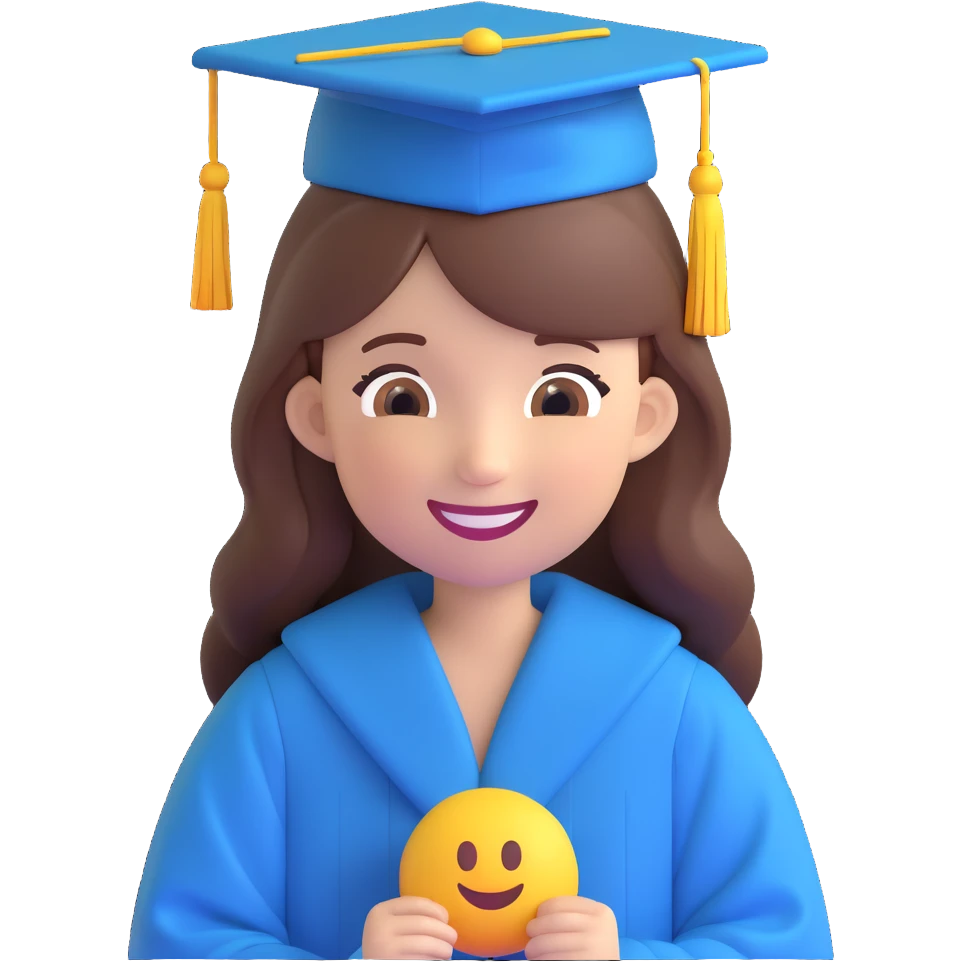 girl with long brown hair in graduation clothes with hat and robe smiling, emoji style emoji