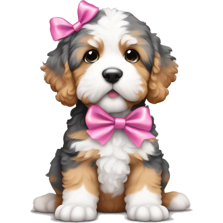 Multi color bernedoodle puppy with pink ribbon on head emoji