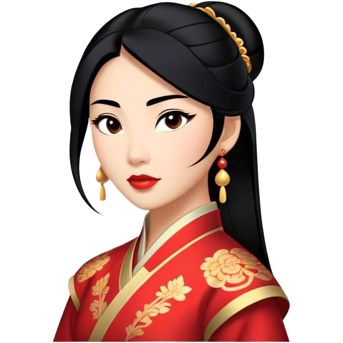 Cinematic Majestic Mulan Portrait Emoji, rendered in a clean, vector-style with bold, simplified shapes. Depict Mulan with a serene, noble expression, warm light skin, and neatly styled black hair, dressed in traditional attire featuring subtle red motifs and gold trim. The image glows with a calm, majestic aura, high shine, and a soft glowing outline, embodying classic elegance. emoji