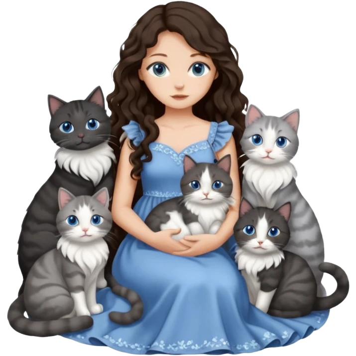 detailed realistic looking a dark grey and white cat regally sitting with six other cats, cuddling with their owner who is a pretty bratz lightly tanned white girl with long dark brown hair, blue eyes and gorgeous long wavy hair wearing a pretty detailed dress emoji