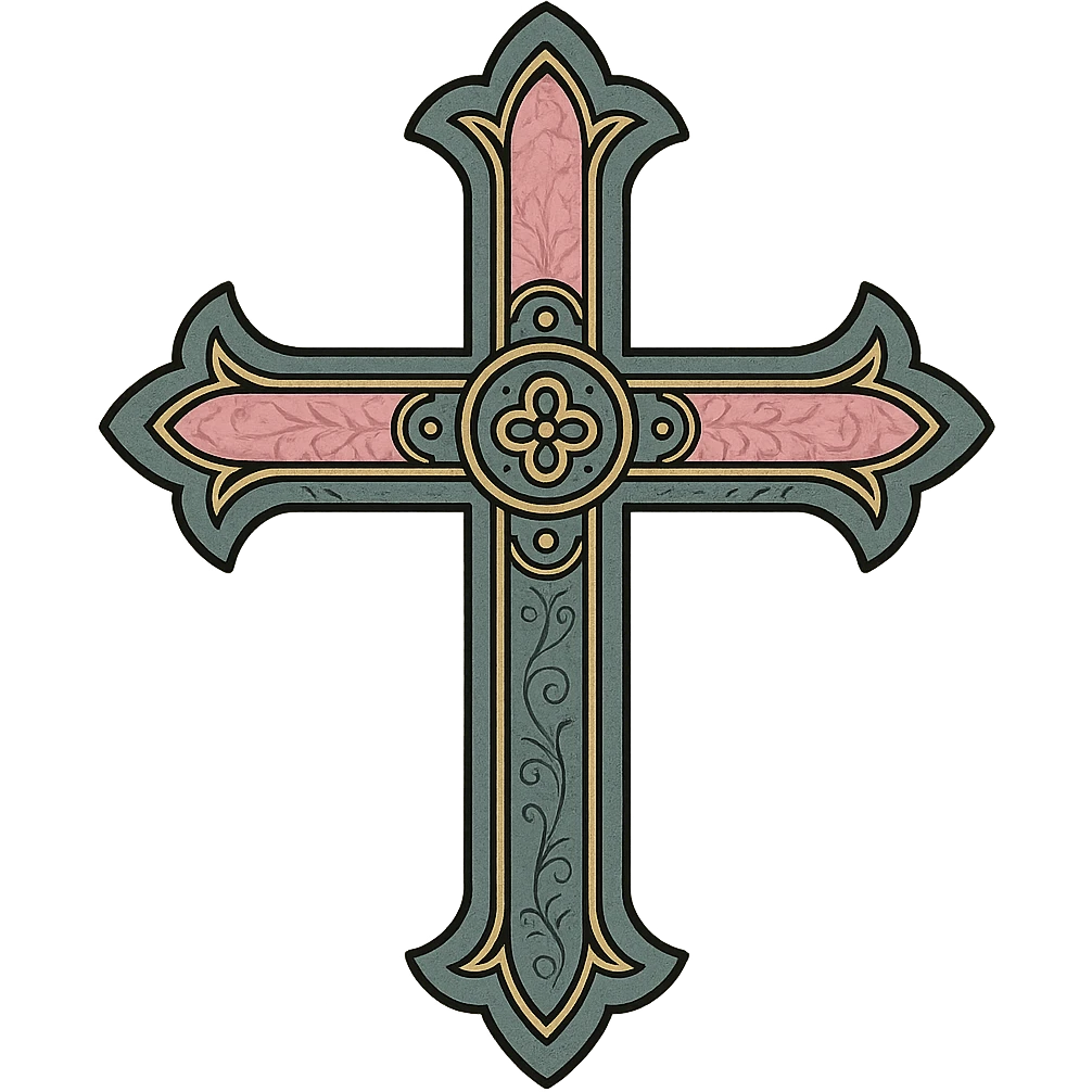 gothic cross with pink stained glass inlays, dramatic and ornate, medieval art style emoji