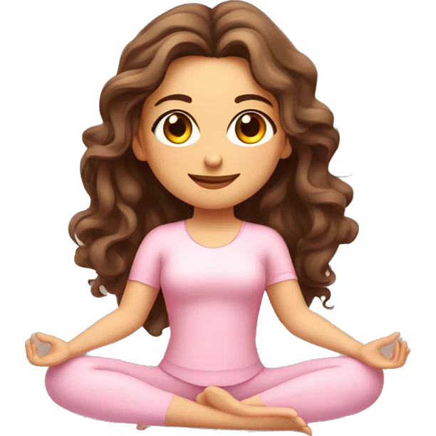 Brunette long curled hair and hazel eyes yoga beautiful girl in light pink clothes sitting on a yoga mat emoji