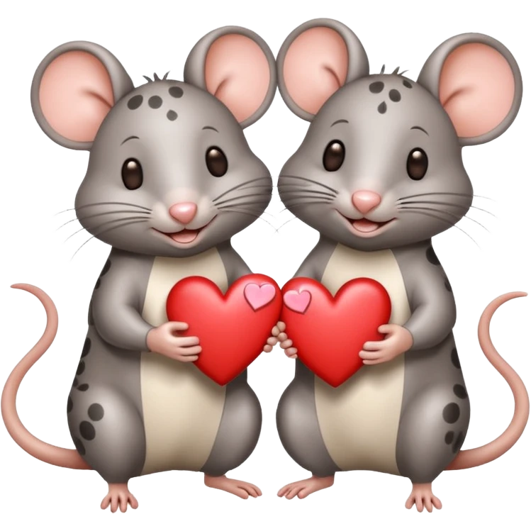 two fat little rats holding hearts one grey with white spots one warm brown emoji