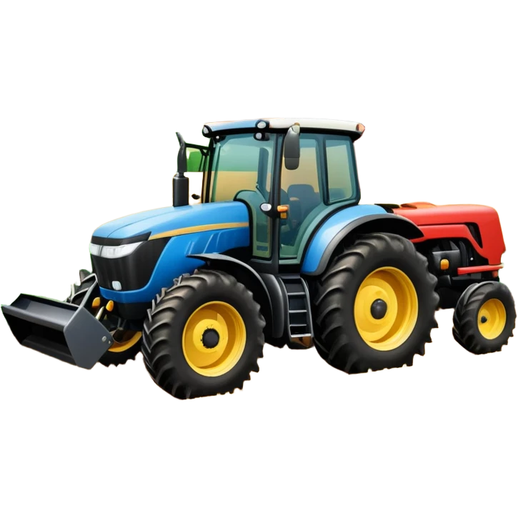 An icon representing a farming simulator, with a detailed tractor plowing fields under a bright sky with bright rural landscape. The design includes farming tools, crops and barns, symbolizing the immersive experience of managing a farm. Transparent background. emoji