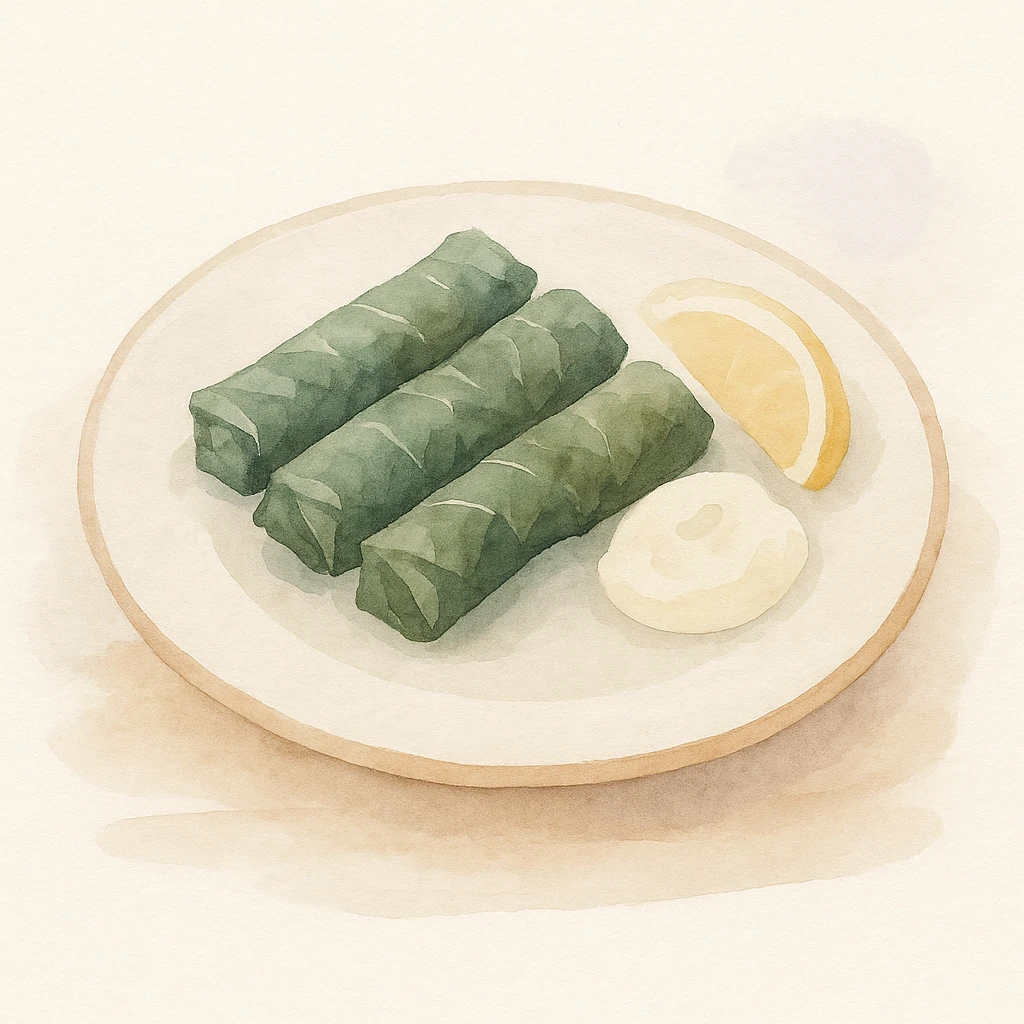 a traditional ethnic food dish on a wooden table, watercolor art style emoji