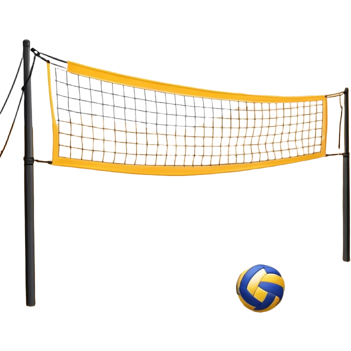 A close-up volleyball net with a ball hovering above it, set against the backdrop of a sandy volleyball court. The scene highlights the tension of an impending play, with the court lines clearly visible and a bright, sunny atmosphere surrounding the action. emoji