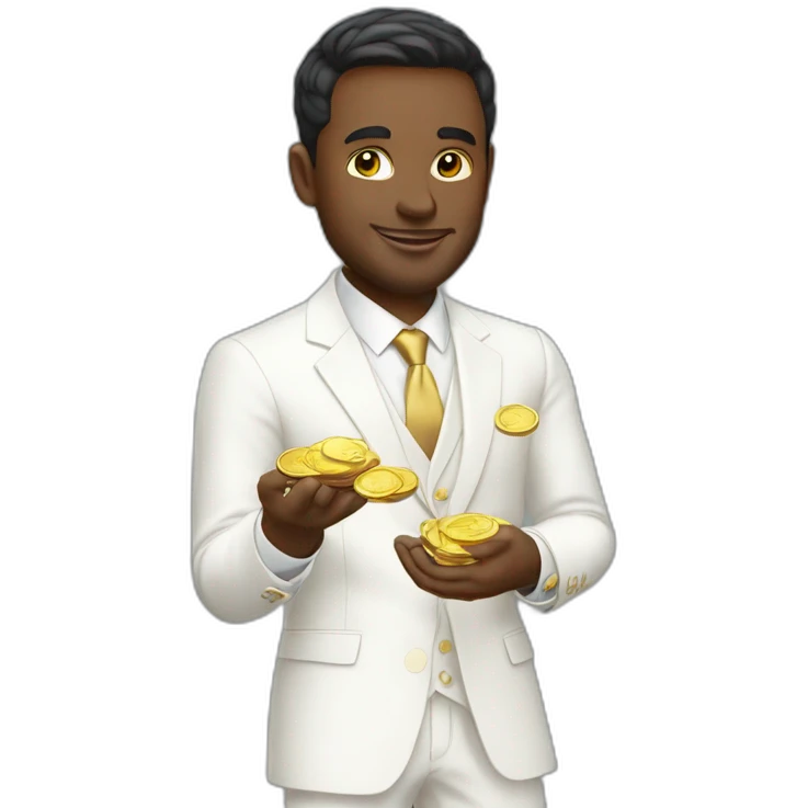 Posh-man-with-white-suit-holding-golden-coins emoji