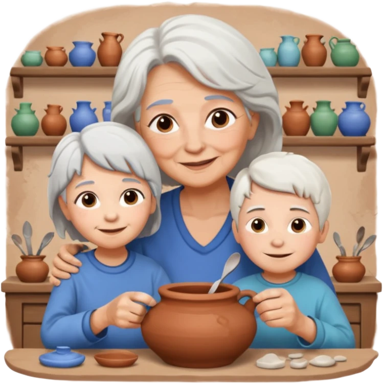 grandma with white hair and kid with brown hair doing potery emoji