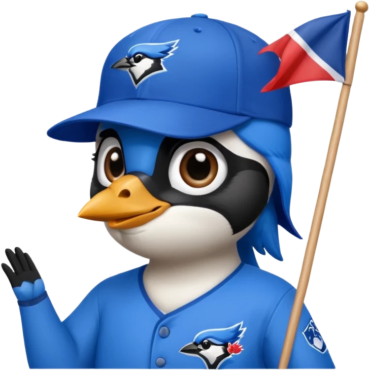 blue jay with MLB blue jay baseball hat, holding flag saying Hi Carolyn  emoji