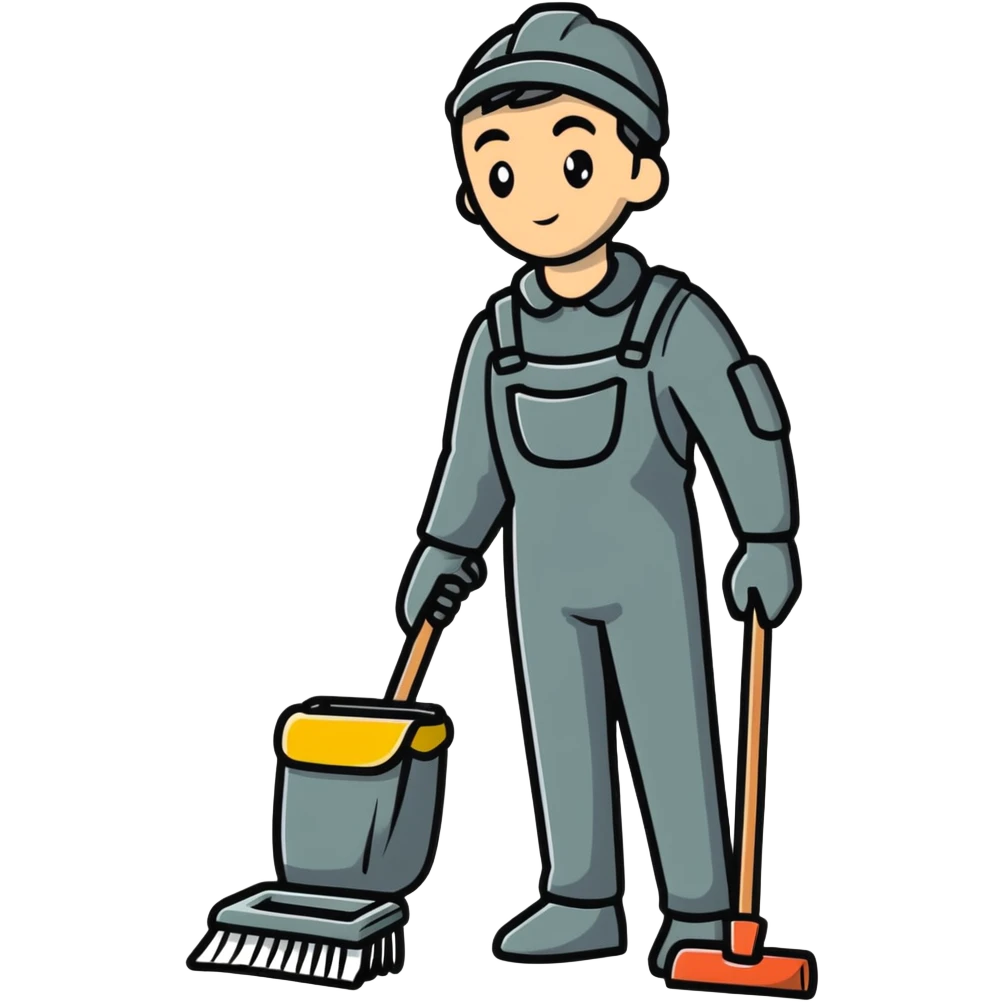 person in dark-grey custodian outfit with cleaning tools emoji
