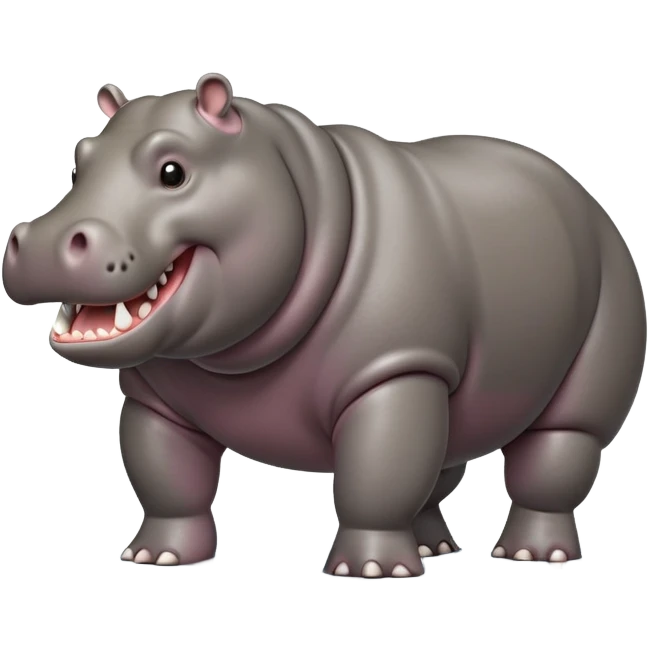 cinematic-hippo-realistic-full-body side view-standing on all fours-emoji,-massive-round-frame,-wide-mouthed-grin-exposing-huge-teeth,-head-tilted-dramatically,-thick-greyish-brown-hide-glossy-from-water,-simplified-yet-realistic-focused-features,-highly-detailed,-glowing-with-an-almost-sarcastic-glow showing only 4 theeth emoji