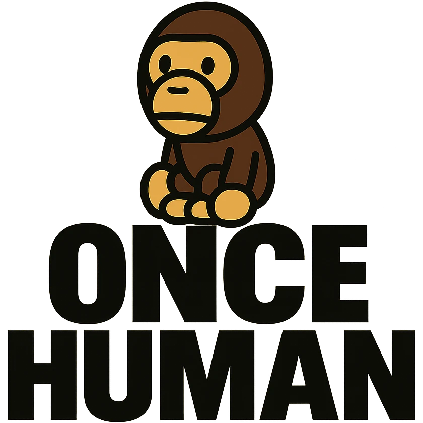 a clean and bold logo featuring the text 'Once Human' with a BAPE-style ape character sitting on top, suitable for branding emoji