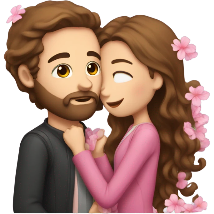 Guy with brown hair and a beard kissing a girl with long brown hair with pink flowers emoji