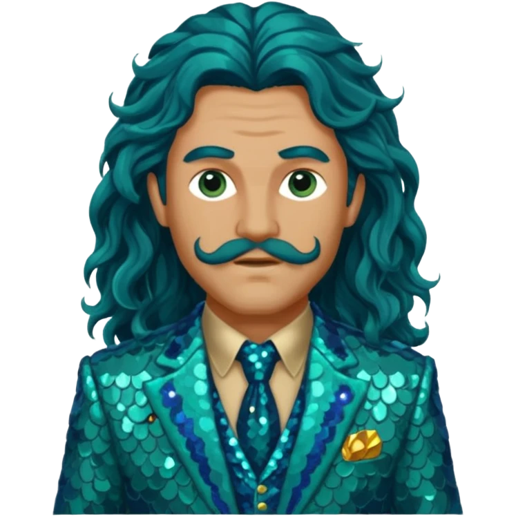 Poseidon from Greek Mythology with long dark blue wavy hair, sea green sequin suit jacket emoji
