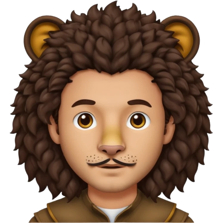 Make a guy with curly big dark browns hair and medium skin then give him lion ears and a little facial hair emoji