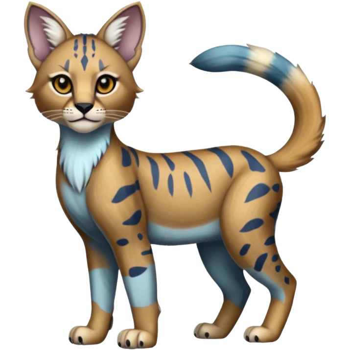 Realistic patterned marked edgy cute cool bluish greyish blackish whitish silvery Shiny Colorful Dusky Dark Glossy Genet-Caracal-Lion-Bobcat-fusion-animal-hybrid-creature, full body, tufted ears, long thin tufted tail emoji