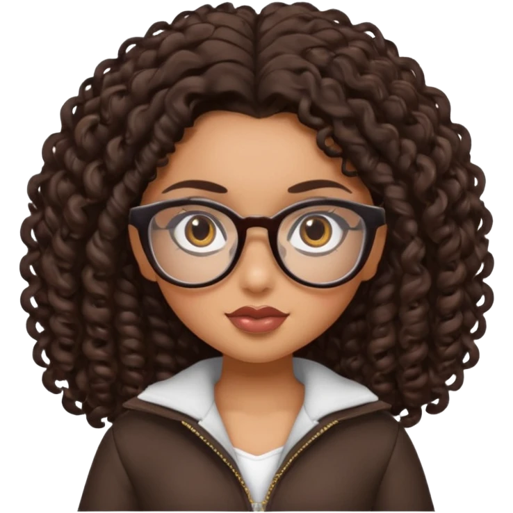 pretty bratz baddie, dark brown curly hair, brown eyes, glasses emoji
