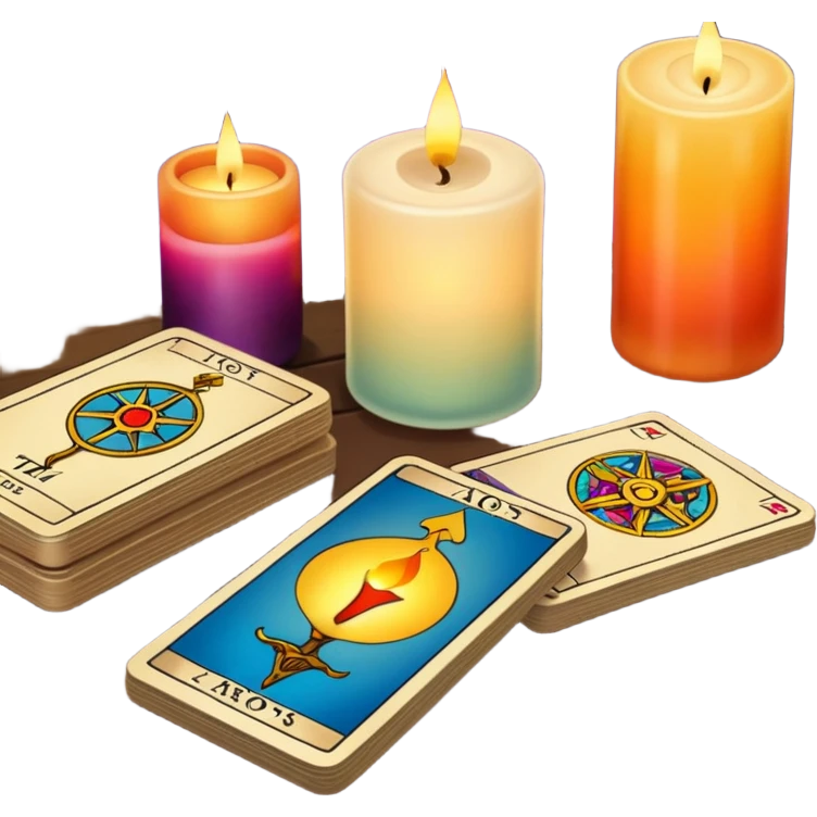 A deck of tarot cards lies on the table, and a candle stands nearby emoji