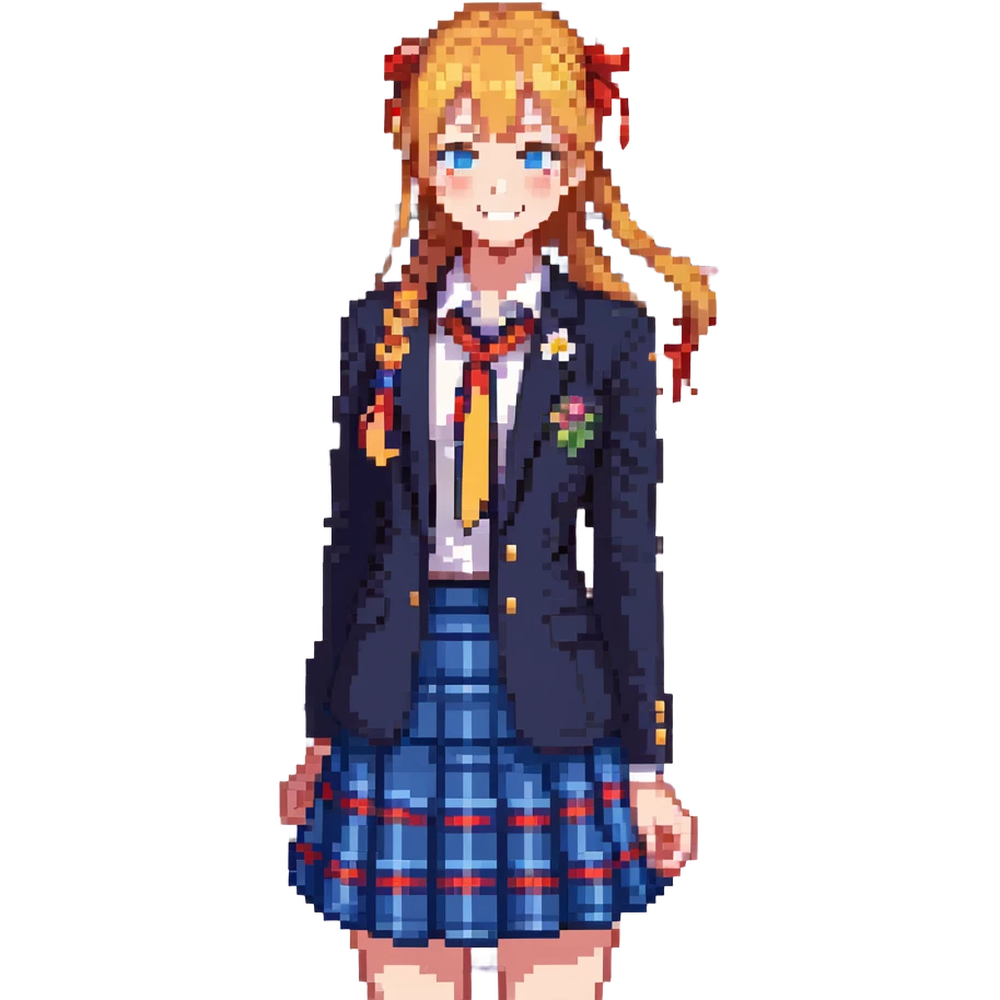 cheerful high school girl with orange side ponytail and yellow ribbon, blue eyes, navy blazer, red ribbon, blue plaid skirt, standing in a school courtyard with cherry blossoms, spring breeze, energetic smile emoji
