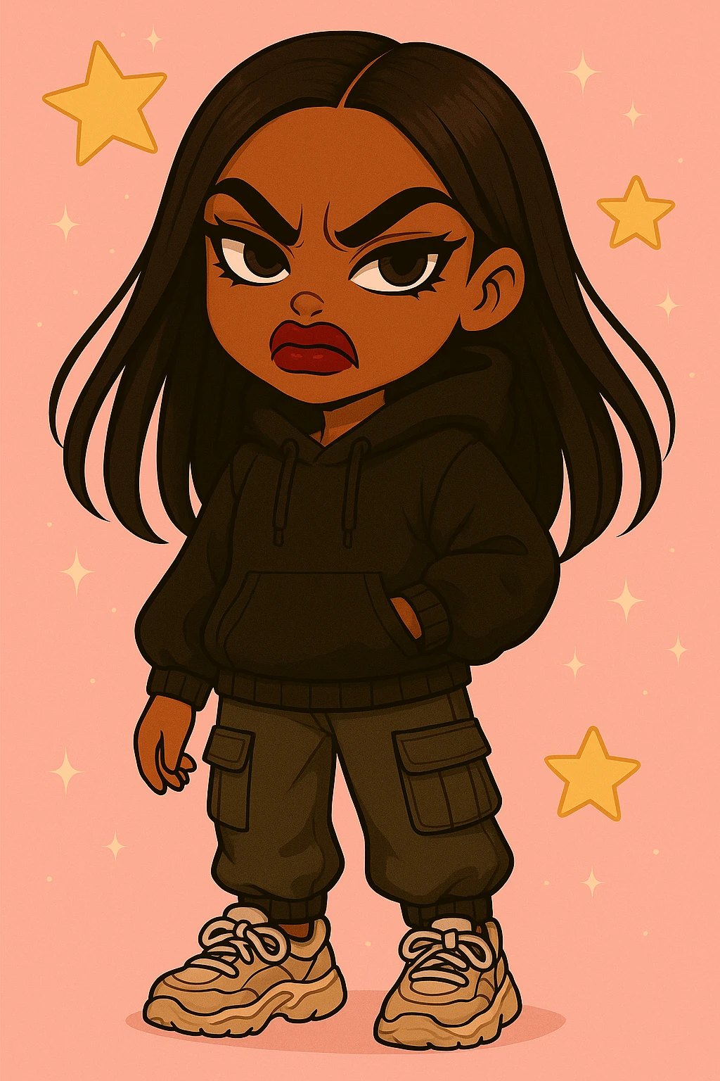 Change the expression to angry for a 20-year-old anime Bratz style woman with dark skin, dark hair, trendy streetwear, big expressive eyes, and glossy lips. Maintain the anime Bratz style and the described features. emoji