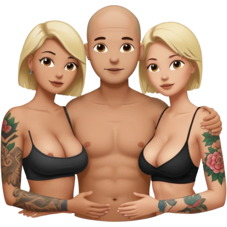 throuple tattooed sleeves bbald male with topless naked big boobed brunette and topless naked big boobed blonde girlfriends  lovingl  and sexy polygamy  emoji