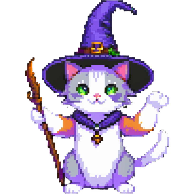 witch cat with a visible paw, cat wearing a witch hat, casting a spell emoji