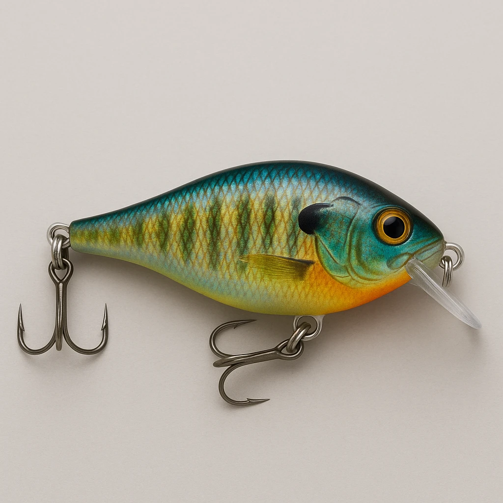 Edit the image of a Rapala fishing lure in side view to have the bluegill colorway, with blue, green, and yellow hues resembling the bluegill fish pattern. emoji