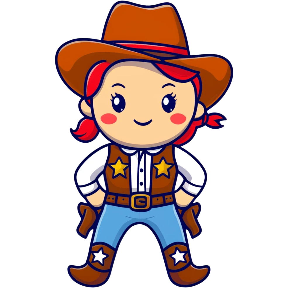 A cartoon stuffed cowgirl toy with freckles, red hair and a star-shaped badge emoji