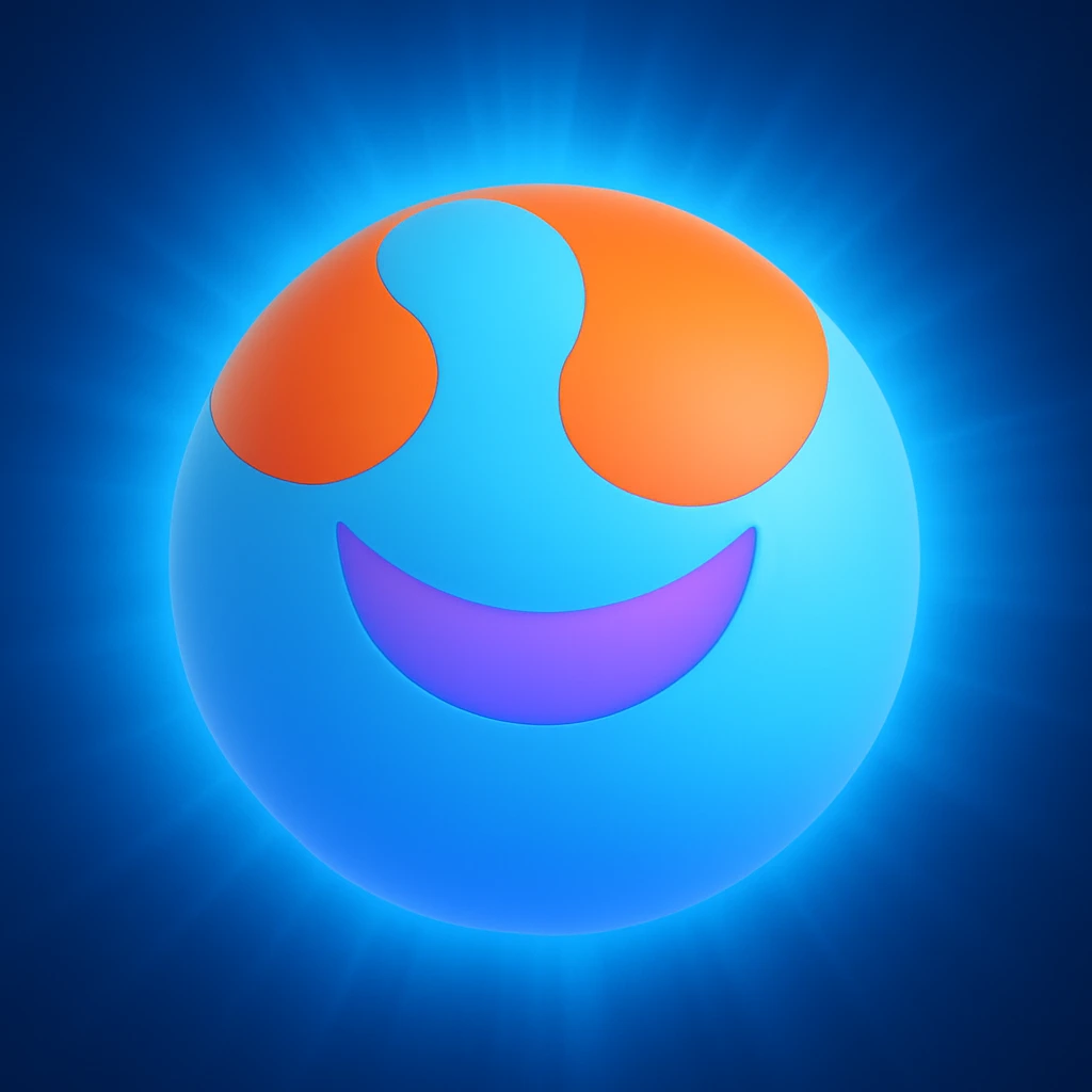 Add a radiating blue light effect around the aura ball, keeping the warm smile and 3D emoji style emoji