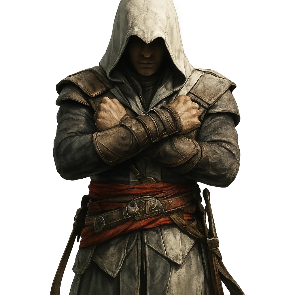 person doing the Assassin's Creed pose, arms crossed in front, hooded, dramatic stance emoji