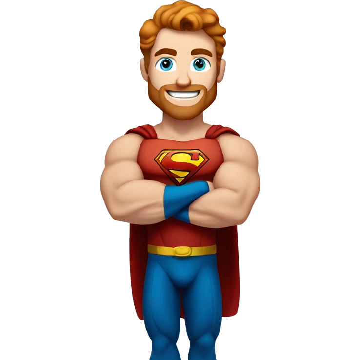 Irish superman, redish hair, blue eyes, redish brownish facial hair, muscular body, smiling emoji