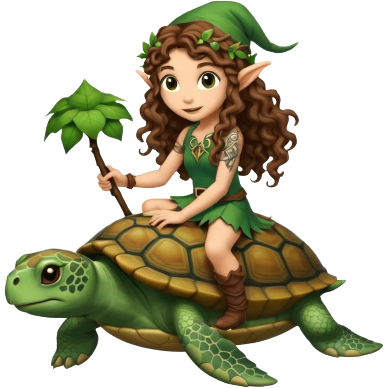 tiny forest elf long curly brown hair tattoos riding turtle emoji