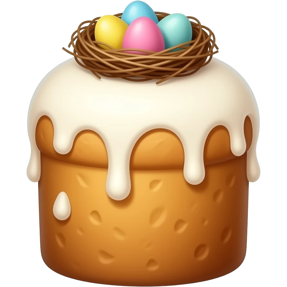 панеттоне золотистого цвета, высокий, с белой глазурью и украшением сверху в виде гнездышка с очень мелкими  яичками пастельных тонов emoji