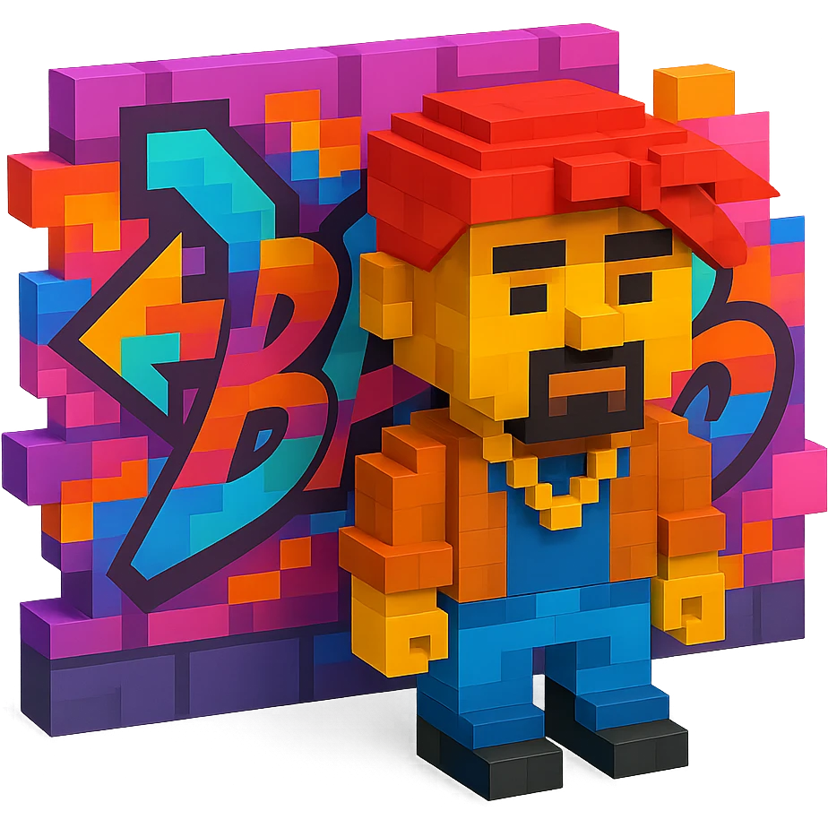 Lego 2Pac standing in front of a colorful graffiti backdrop, urban street vibe, detailed and vibrant emoji