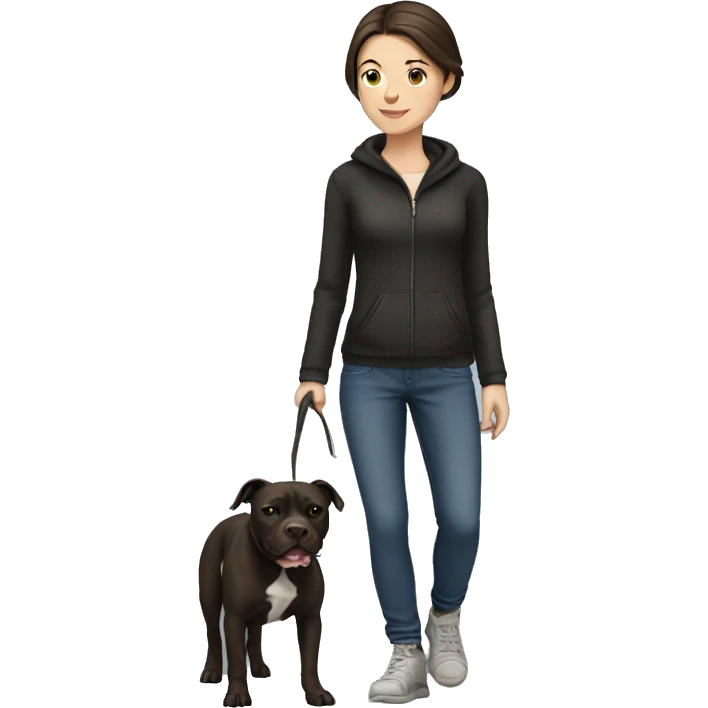 White brunette Girl walking a black pit bull emoji