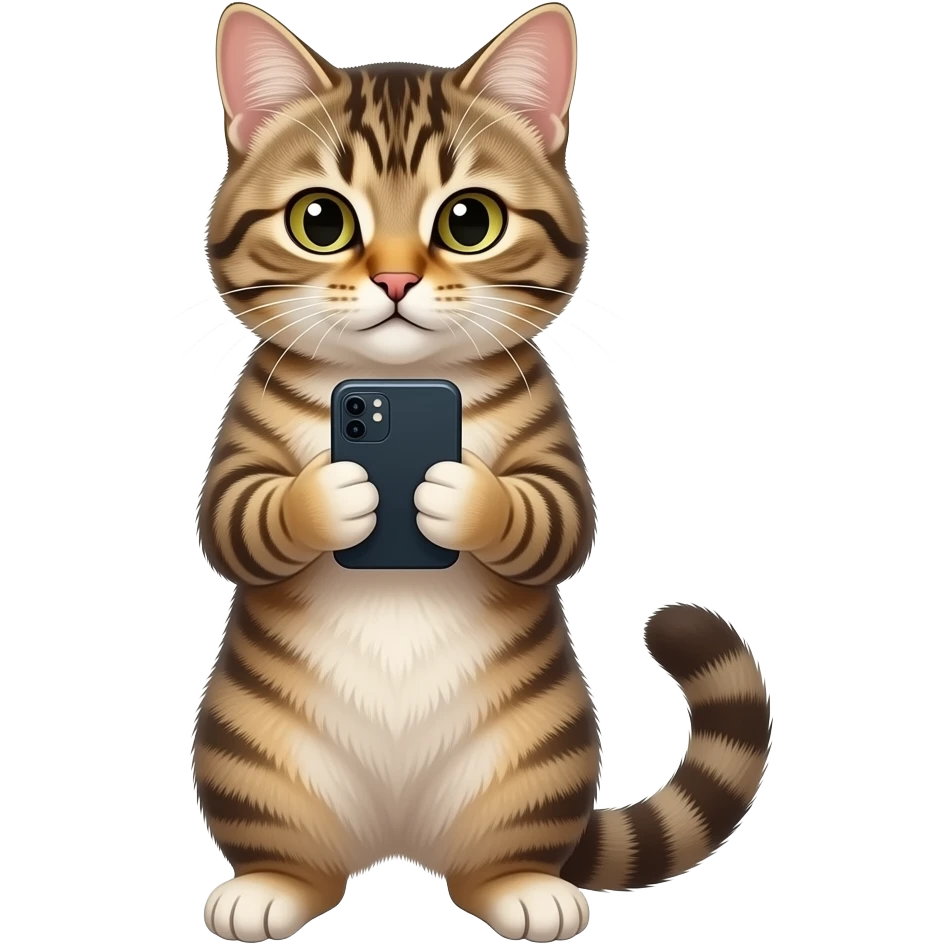Glossy 3D rendered realistic cat standing upright on two legs, detailed fur and features, front-facing, holding and looking at a smartphone, soft shading, white background emoji