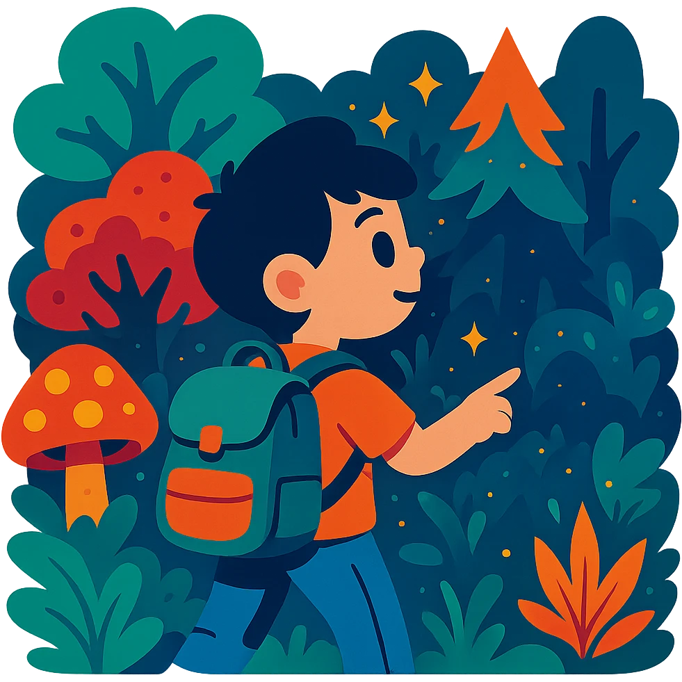 child with backpack exploring an enchanted forest emoji