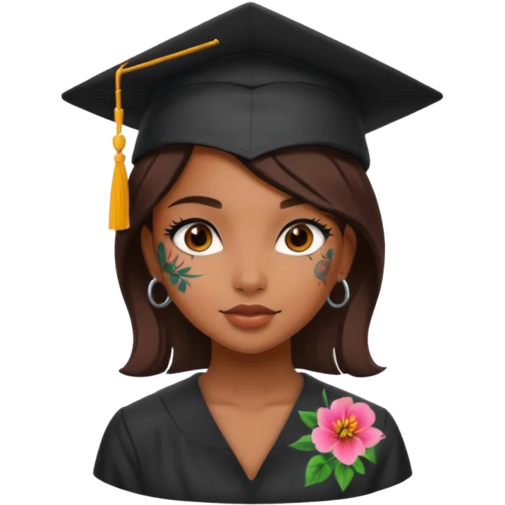 nude and sexy brown skin girl, floral colorful tattoes, in student cap, graduating emoji