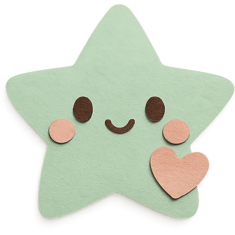 A cute pastel green star with a tiny pastel heart, no limbs, full body, transparent background, in kawaii paper craft style. emoji
