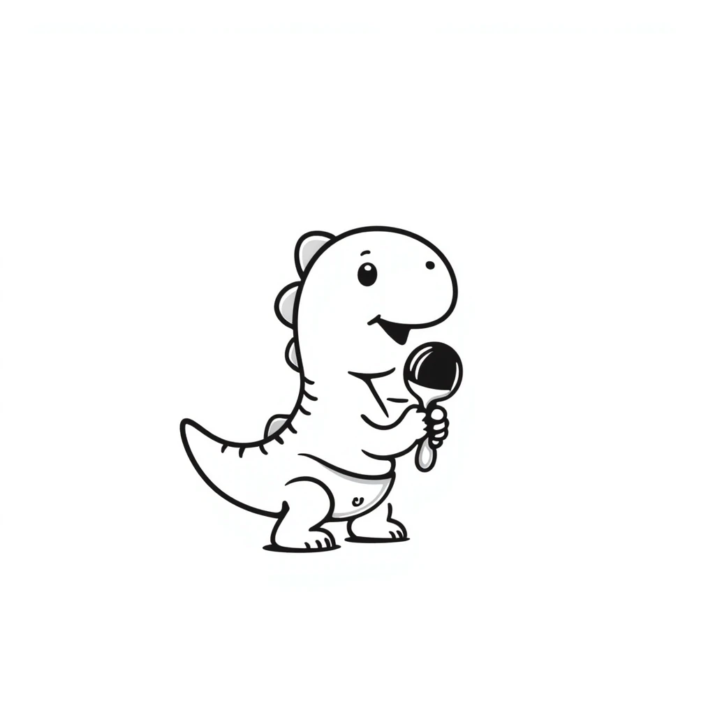 A hand-drawn baby T-Rex toy with a diaper and tiny arms holding a rattle emoji