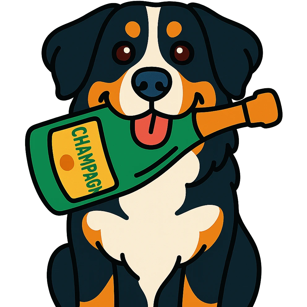 bernese mountain dog with a toy champagne bottle in its mouth, vibrant toon style emoji