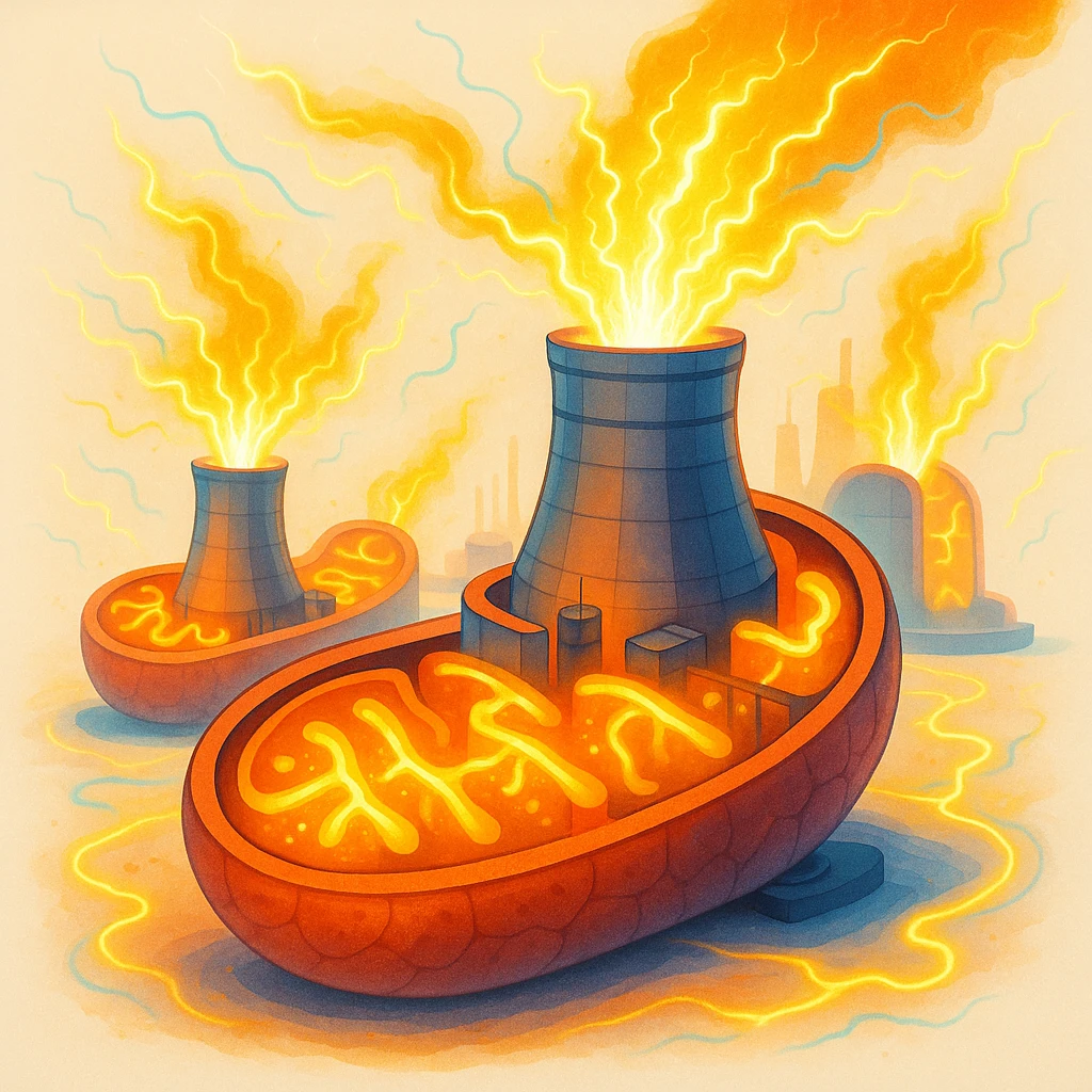 illustration of mitochondria as nuclear power plants, detailed and modern style inspired by DALL·E 3, visible energy, bright colors, only energetic elements, light background emoji